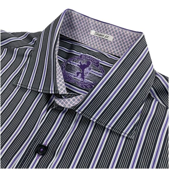 Bugatchi Uomo Mens Striped Long Sleeve Button Up Black Purple Shirt-L - Picture 4 of 12